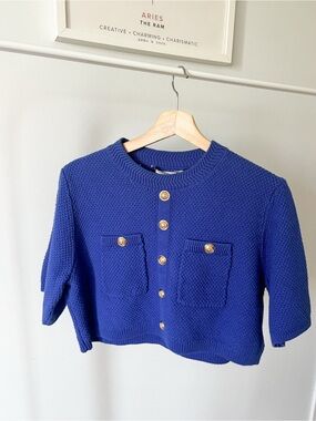 Love Bonito Cropped Button-Front Sweater Cardigan - Blue
